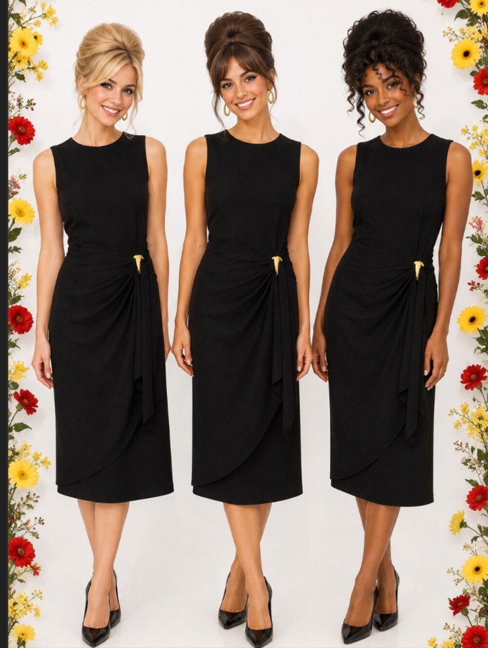 Donna Karan Sz S Black Sleeveless Midi Dress with Gold Detail
